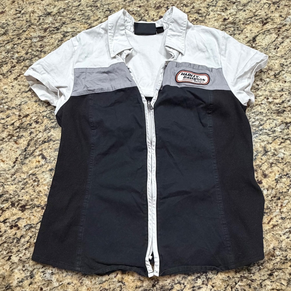 Harley-Davidson Racing Shirt Womens Petite M White Black Zip Up Short Sleeve Top